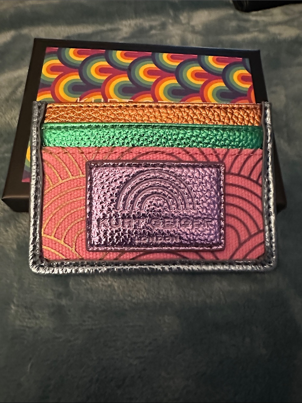 Kurt Geiger Pink Card Holder with Metallic Rainbow Accents NWOT
